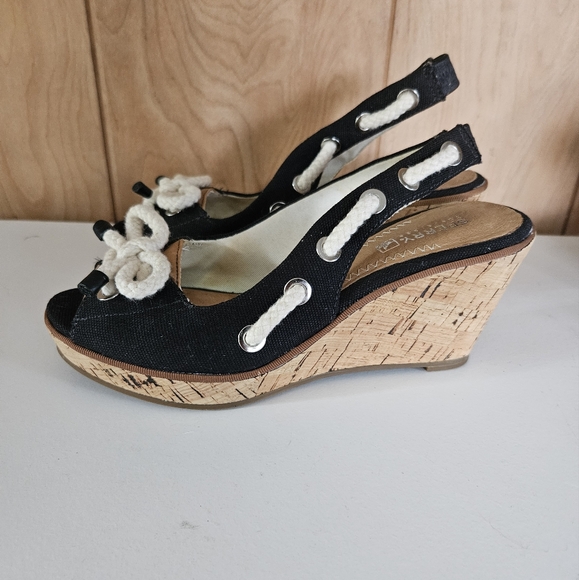 Sperry Top Sider Women's Cork Wedge Peep Toe Slingback Sandals Black Size 6.5M - Picture 3 of 7